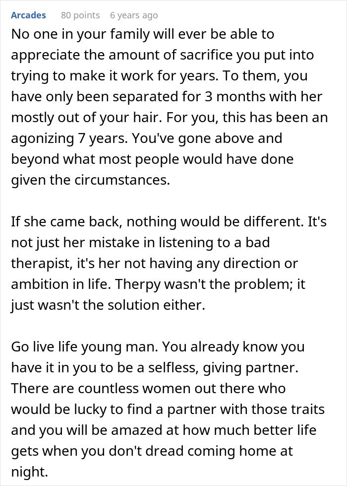 Comment discussing a man giving his wife a second chance after she leaves and begs him to take her back.