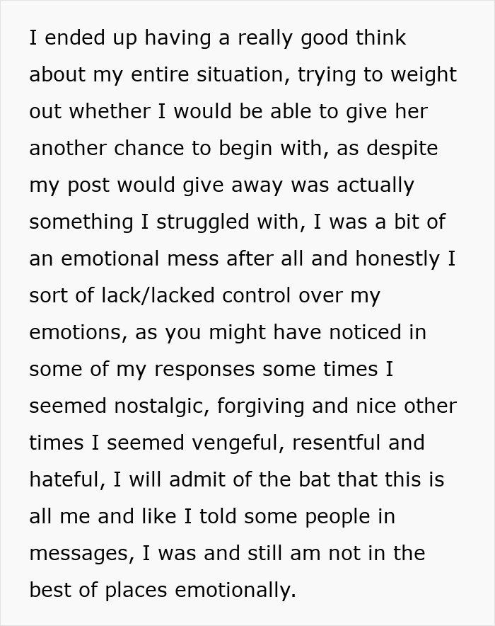 Text on screen about man giving wife a second chance describing his emotional struggle and mixed feelings.