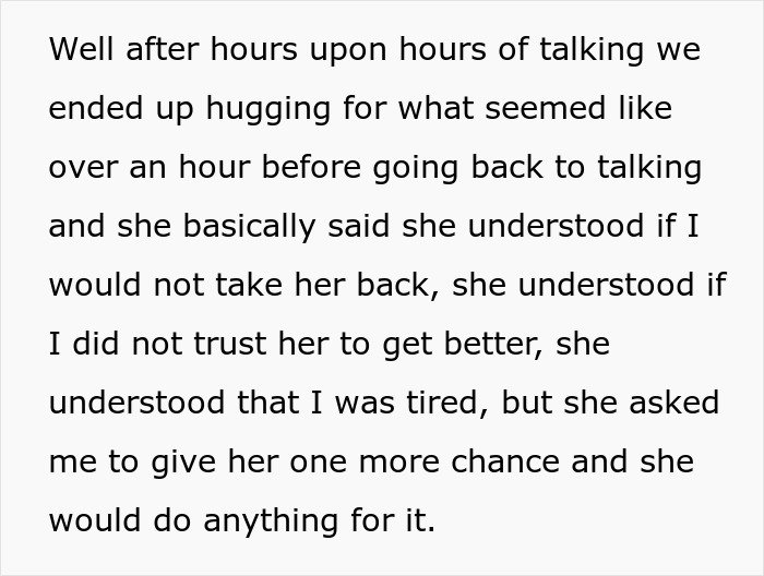 Text describing a man giving his wife a second chance after she leaves and begs him to take her back.