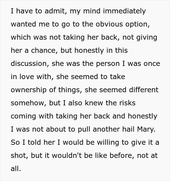 Text excerpt discussing a man giving his wife a second chance after she leaves and begs to return.