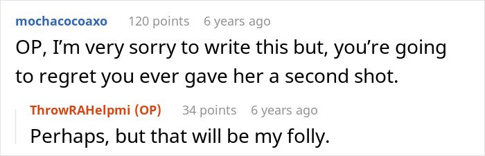 Screenshot of online conversation about man giving wife a second chance after she leaves and begs to be taken back.