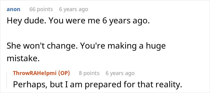 Screenshot of an online discussion where a man considers giving his wife a second chance despite warnings she won't change.