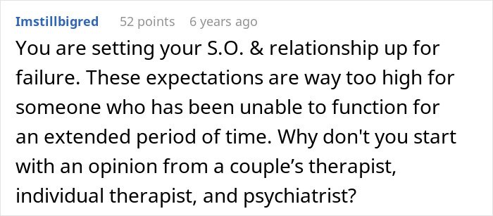 Reddit comment discussing relationship expectations and seeking advice from therapists and psychiatrists.