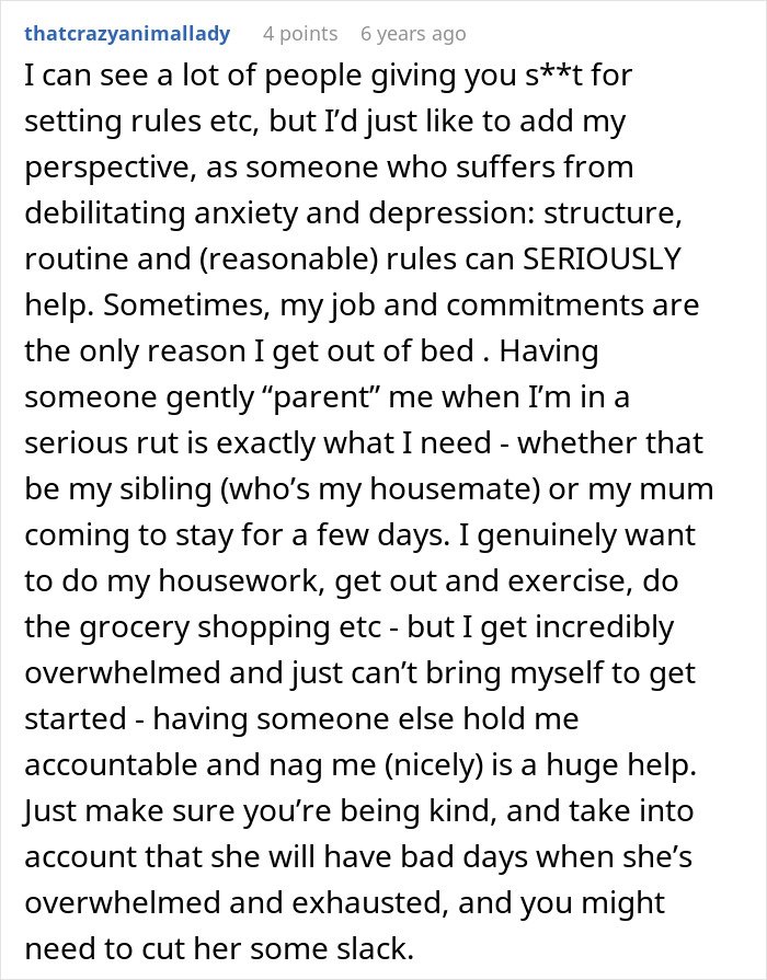 Text post sharing personal experience with anxiety and depression, discussing the value of structure and gentle support.