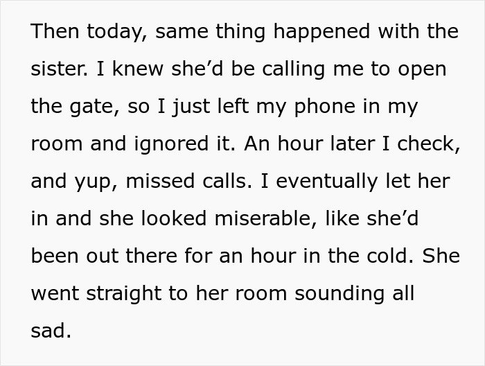 Text excerpt about a woman ignoring calls from roommates, fed up with being their personal doorman.