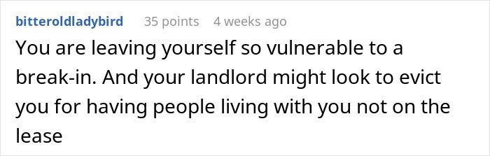 Screenshot of a forum comment discussing a woman fed up with being her roommates&rsquo; personal doorman ignoring their calls.