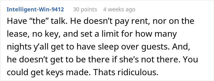 Text comment from a user discussing setting boundaries with roommates who don&rsquo;t pay rent or have keys.