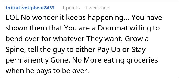 User comment about being a doormat for roommates, expressing frustration and setting boundaries for personal space.