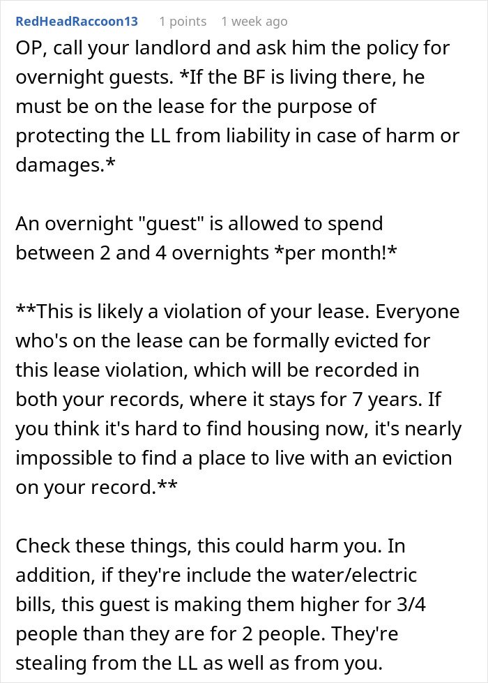 Reddit advice on lease violations and overnight guests affecting roommates and landlords, discussing potential eviction risks.