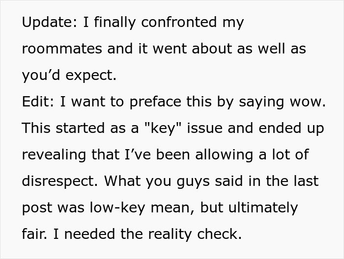 Woman fed up with being roommates&rsquo; personal doorman, reads messages about setting boundaries and confronting disrespect.