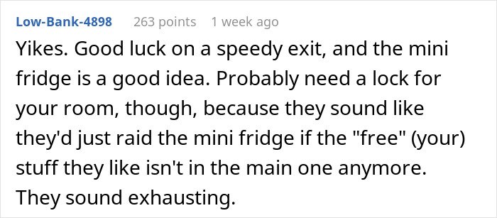 Comment expressing frustration about roommates and suggesting a lock for the mini fridge to avoid being a personal doorman.