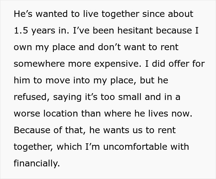 Text excerpt describing a man wanting to move in but refusing to live in the apartment his girlfriend owns.