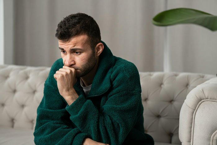Man in green sweater looking worried on a couch, reflecting on moving in with girlfriend but refusing her apartment.