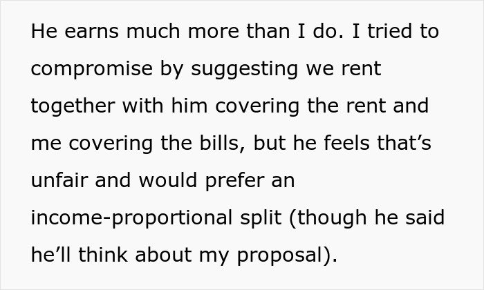 Text excerpt discussing a man refusing to live in his girlfriend’s owned apartment despite income and rent split negotiations.