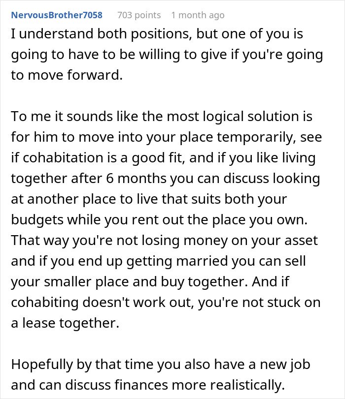 Comment discussing the man wanting to move in with girlfriend but refusing to live in the apartment she owns, offering a compromise.