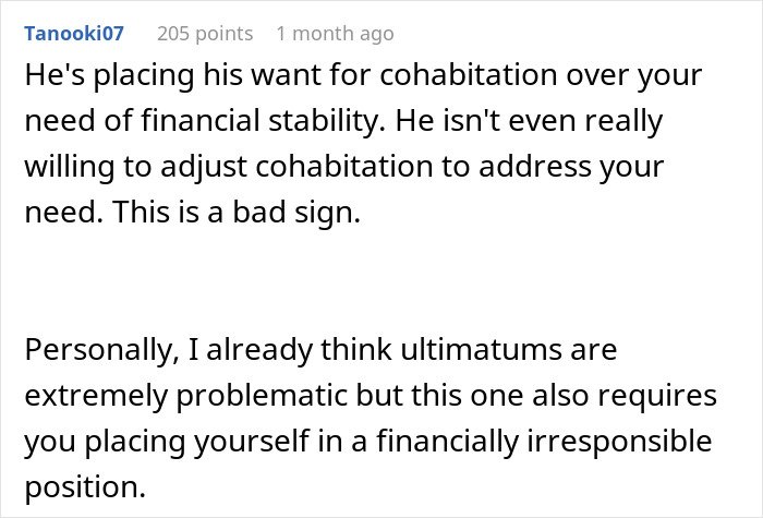 Comment discussing financial stability concerns about a man wanting to move in but refusing to live in the apartment she owns.