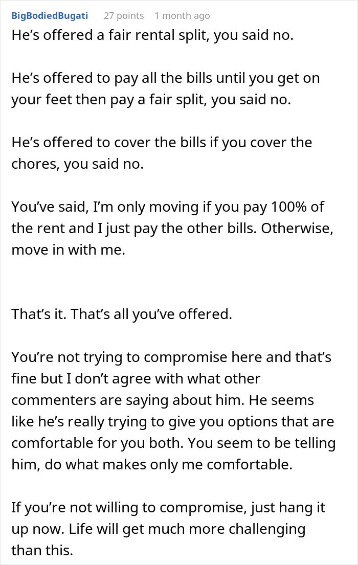 Text post discussing a man wanting to move in with his girlfriend but refusing to live in her apartment, highlighting compromise issues.