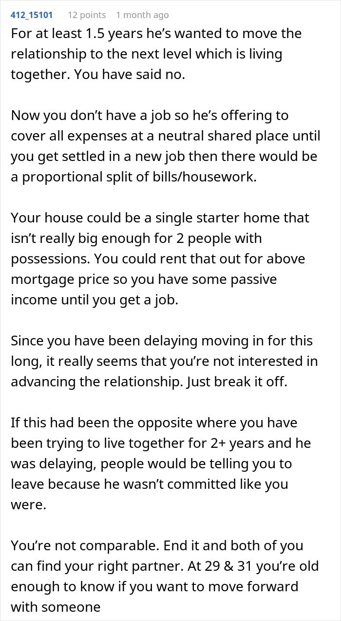 Man wants to move in with girlfriend but refuses to live in the apartment she owns, causing relationship tension.