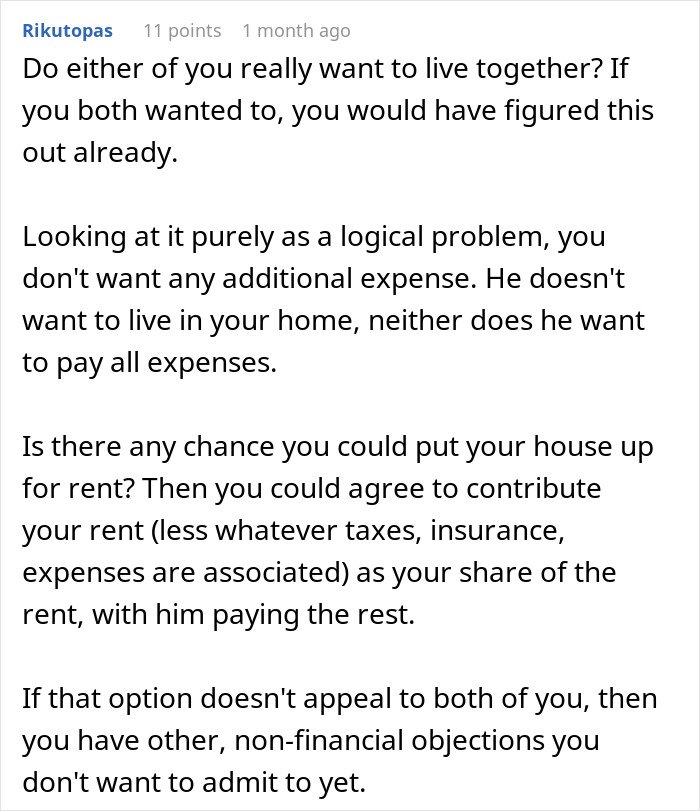 Comment discussing a man who wants to move in with his girlfriend but refuses to live in her apartment.