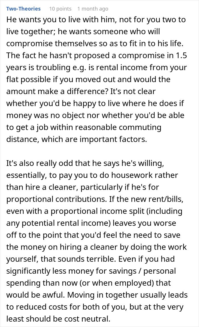 Man wants to move in with girlfriend but refuses to live in the apartment she owns, causing relationship tension.