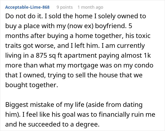 User discussing living situation conflict about moving in with girlfriend but refusing to live in apartment she owns.