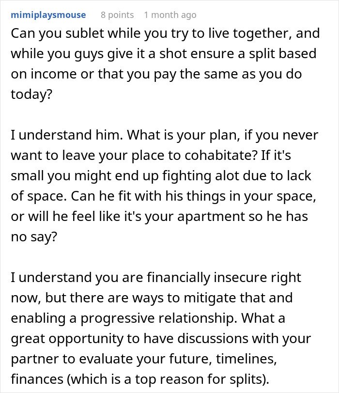 Comment discussing challenges when a man wants to move in with girlfriend but refuses to live in her apartment.