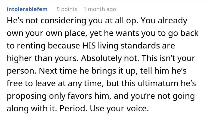 Comment discussing a man who wants to move in with his girlfriend but refuses to live in her apartment.