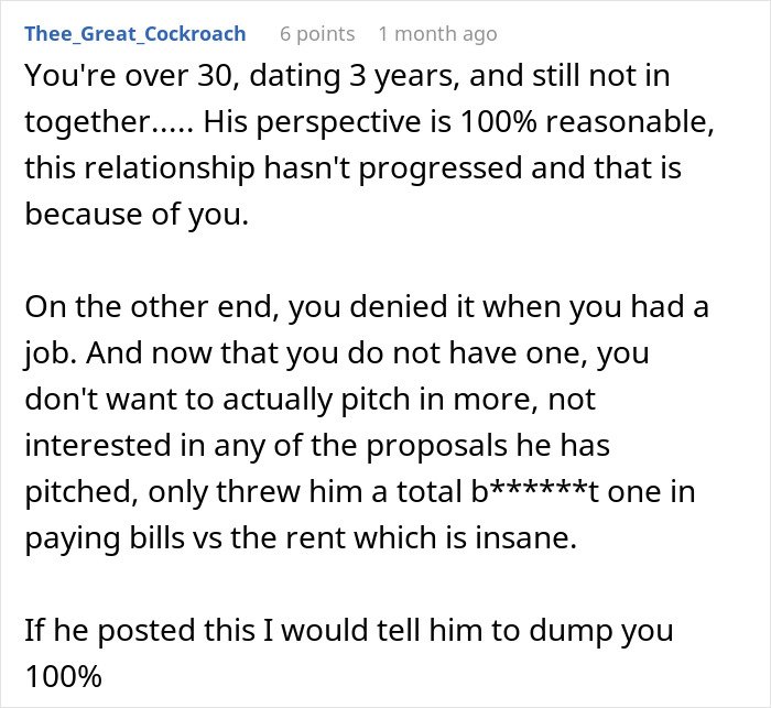 Comment discussing a man wanting to move in with his girlfriend but refusing to live in her apartment due to relationship issues.