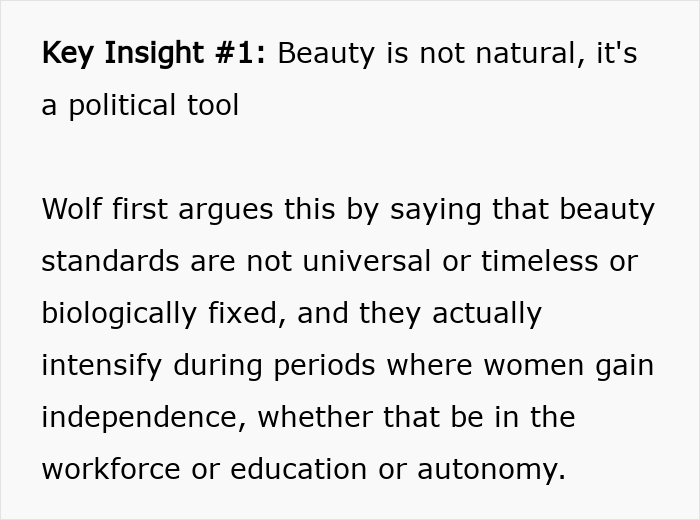 Text excerpt highlighting how beauty standards are used against women as political tools in societal contexts.