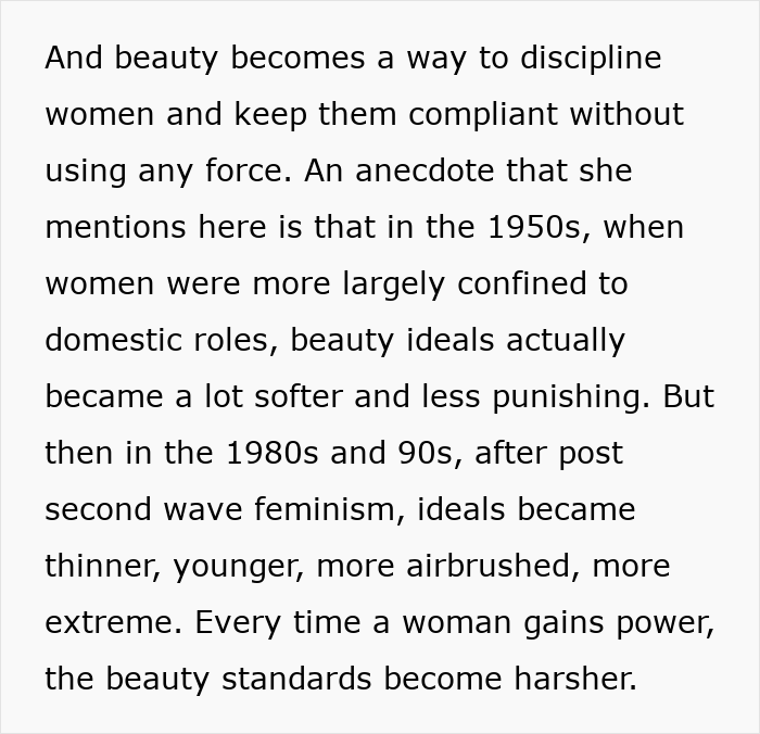 Text explaining how beauty standards have been used as a way to discipline women and how these standards have become harsher over time.