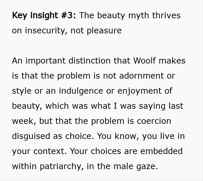 Text excerpt explaining how beauty standards thrive on insecurity and coercion disguised as choice within patriarchal context.