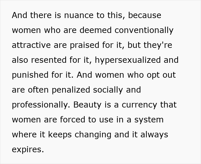 Text excerpt discussing how beauty standards affect women by praising, punishing, and socially penalizing them in changing systems.