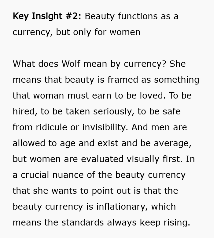 Text explaining why beauty standards don't work, focusing on how beauty functions as currency for women only.