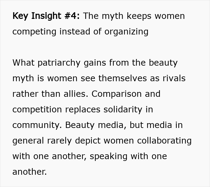 Text highlighting how beauty standards create rivalry among women, undermining solidarity and collaboration.