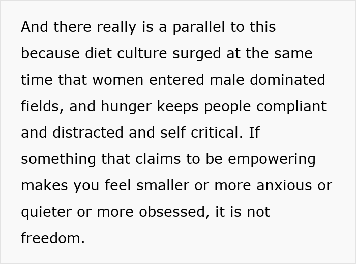 Text excerpt discussing how beauty standards and diet culture affect women, causing anxiety and self-criticism instead of freedom.