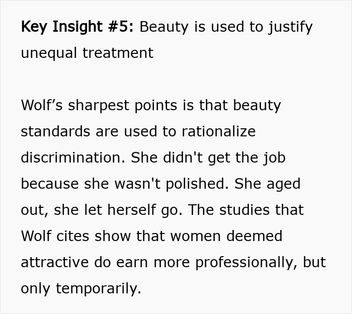 Text excerpt highlighting how beauty standards are used against women to justify unequal treatment and discrimination.