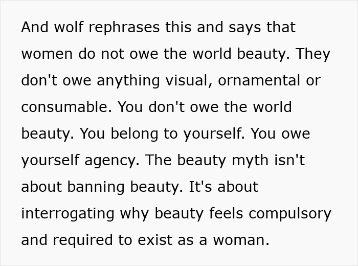 Text explaining why beauty standards don't work for women and how they are used against women, challenging societal expectations.