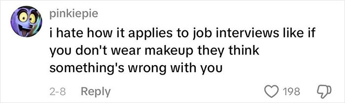 Comment discussing the impact of beauty standards on women, focusing on makeup expectations in job interviews.