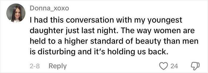 Woman explaining how beauty standards harm women and hold them back in a social media comment.