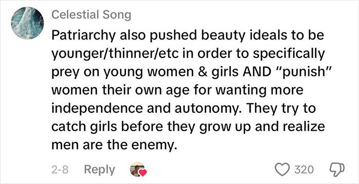 Comment explaining how beauty standards are used against women to control and punish for independence and autonomy.