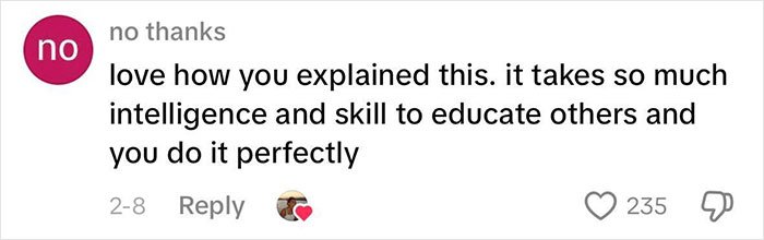 Screenshot of a social media comment praising a woman&rsquo;s intelligence and skill in explaining beauty standards used against women.