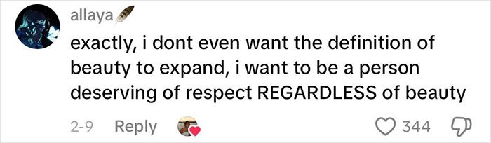 Comment highlighting the rejection of traditional beauty standards and emphasizing respect beyond beauty in a social media post.