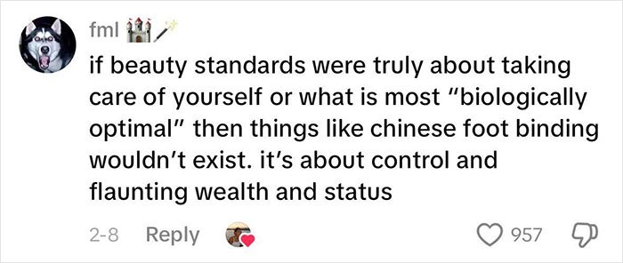Comment explaining beauty standards as control tools, not about self-care or biological ideals, with a husky profile picture.