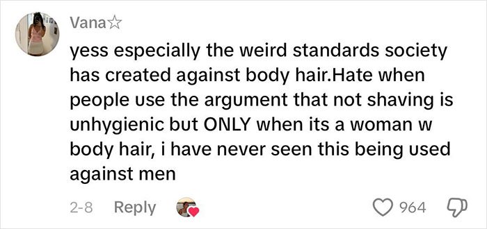 Comment discussing how beauty standards unfairly target women&rsquo;s body hair and are used against women in society.