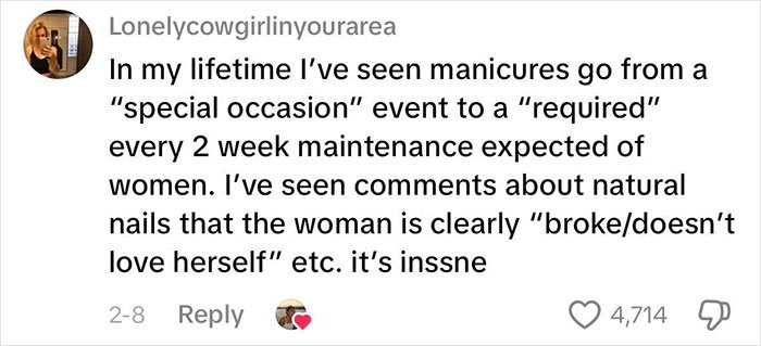 Woman explains how beauty standards pressure women with unrealistic manicure expectations and societal judgments.