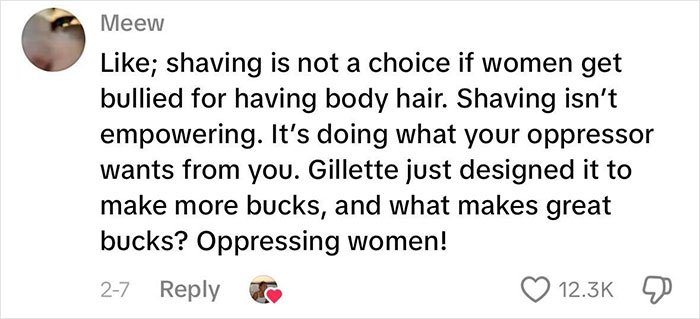 Comment explaining why beauty standards don't work, highlighting oppression and how they are used against women.