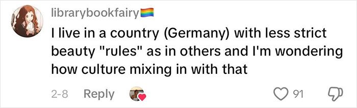 Comment on beauty standards and culture mixing by a woman questioning strict beauty rules in Germany.