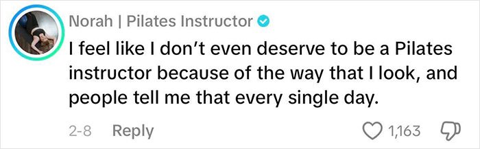 Woman Pilates instructor sharing feelings on how beauty standards negatively impact women&rsquo;s self-worth and identity online.