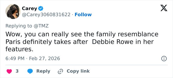 Screenshot of a tweet discussing Paris Jackson and Debbie Rowe, sparking questions about the biological dad.