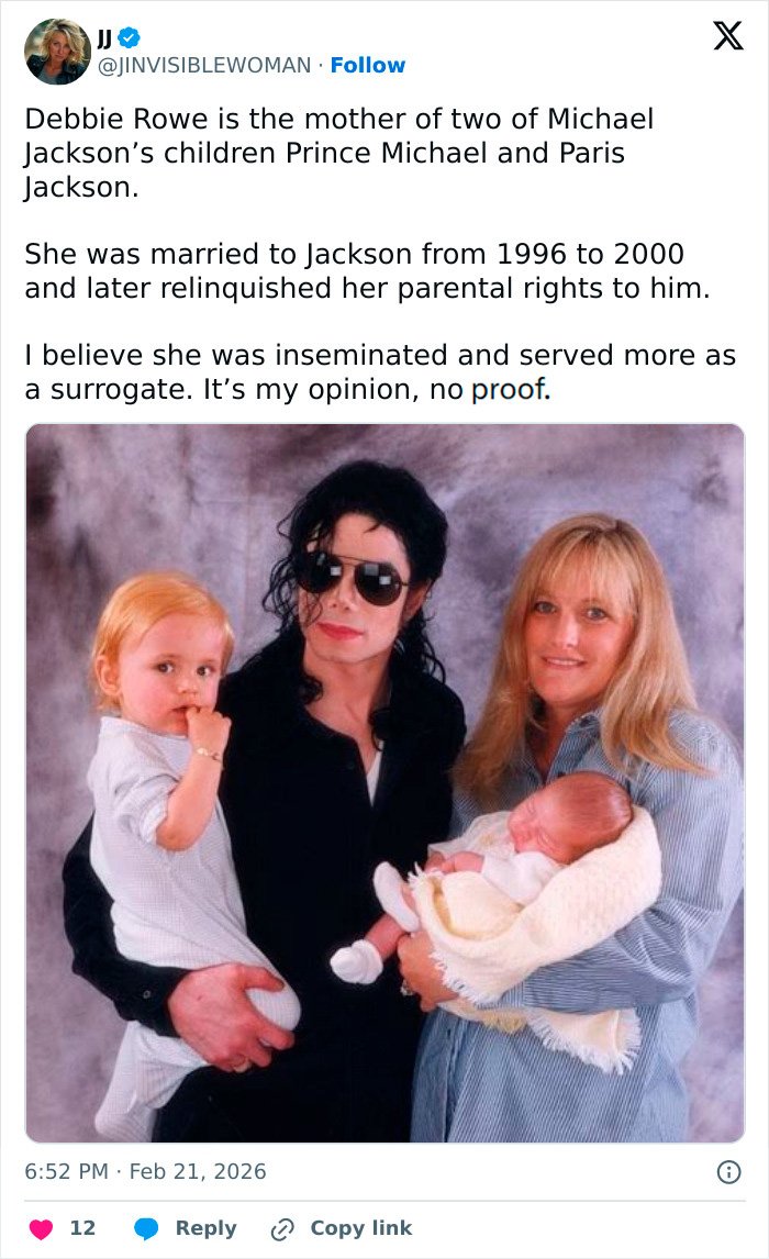 Michael Jackson holding two children with Debbie Rowe, relating to biological dad and Paris Jackson family discussion.